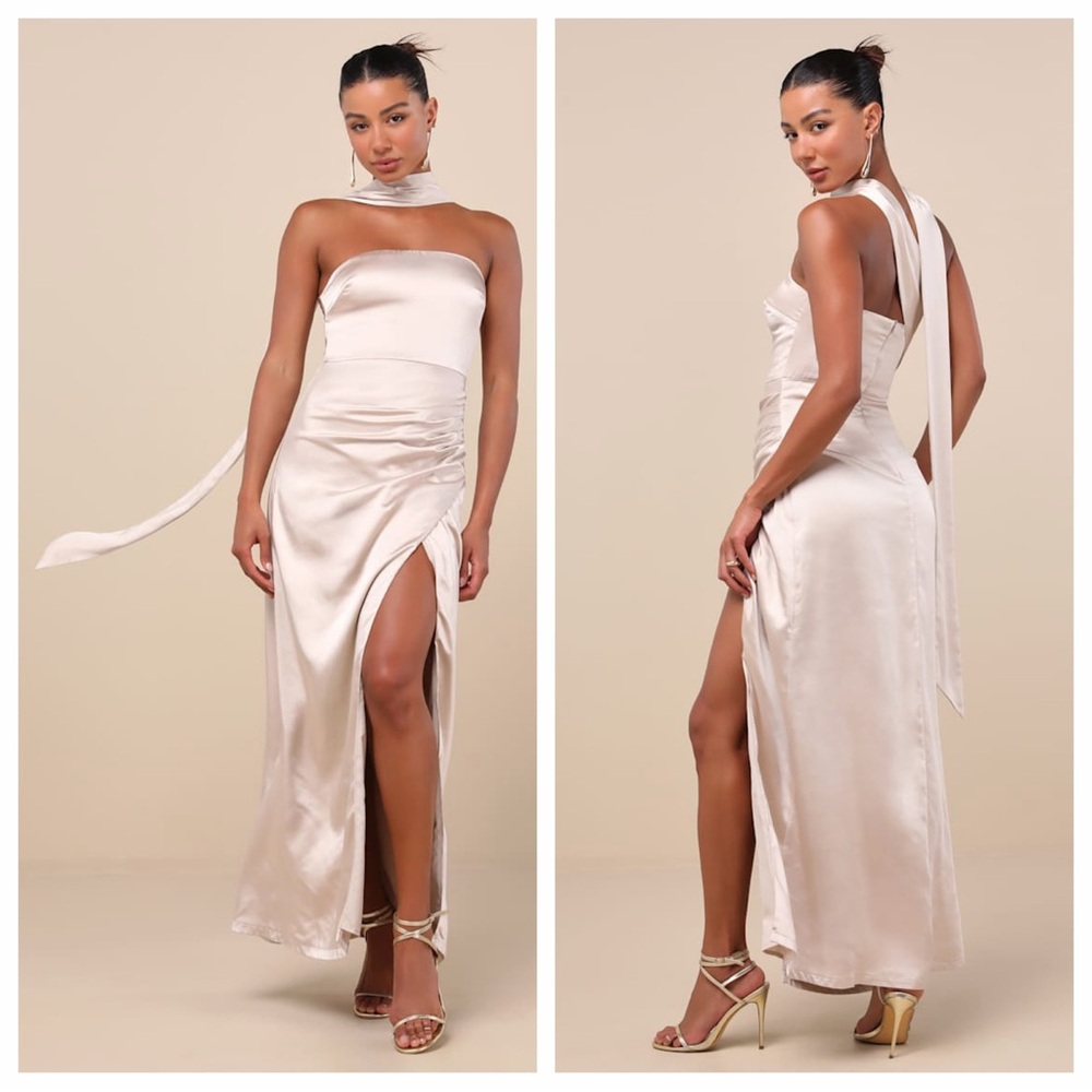 Lulu's Maritza Champagne Satin Sash Tulip Maxi Dress